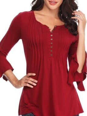 Peasant Top, Bell Sleeve, Lace Inset, Henley Button Blouse